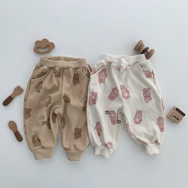 Baby Waffle Fabric Cartoon Bear Graphic Hoodies Combo Trousers Autumn Casual 1 Pieces Sets-7