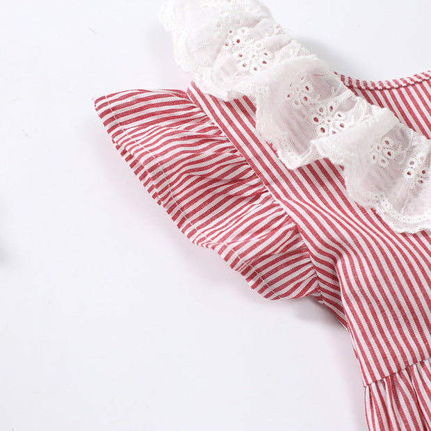 Girls Ruffle Collar Short Sleeves Striped Dress - GlassyTee