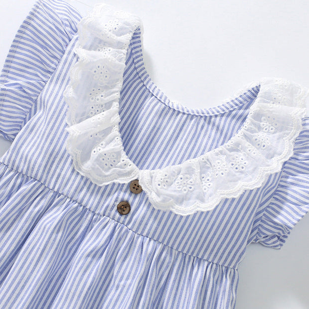 Ruffle Collar Short Sleeved Striped Dress - GlassyTee